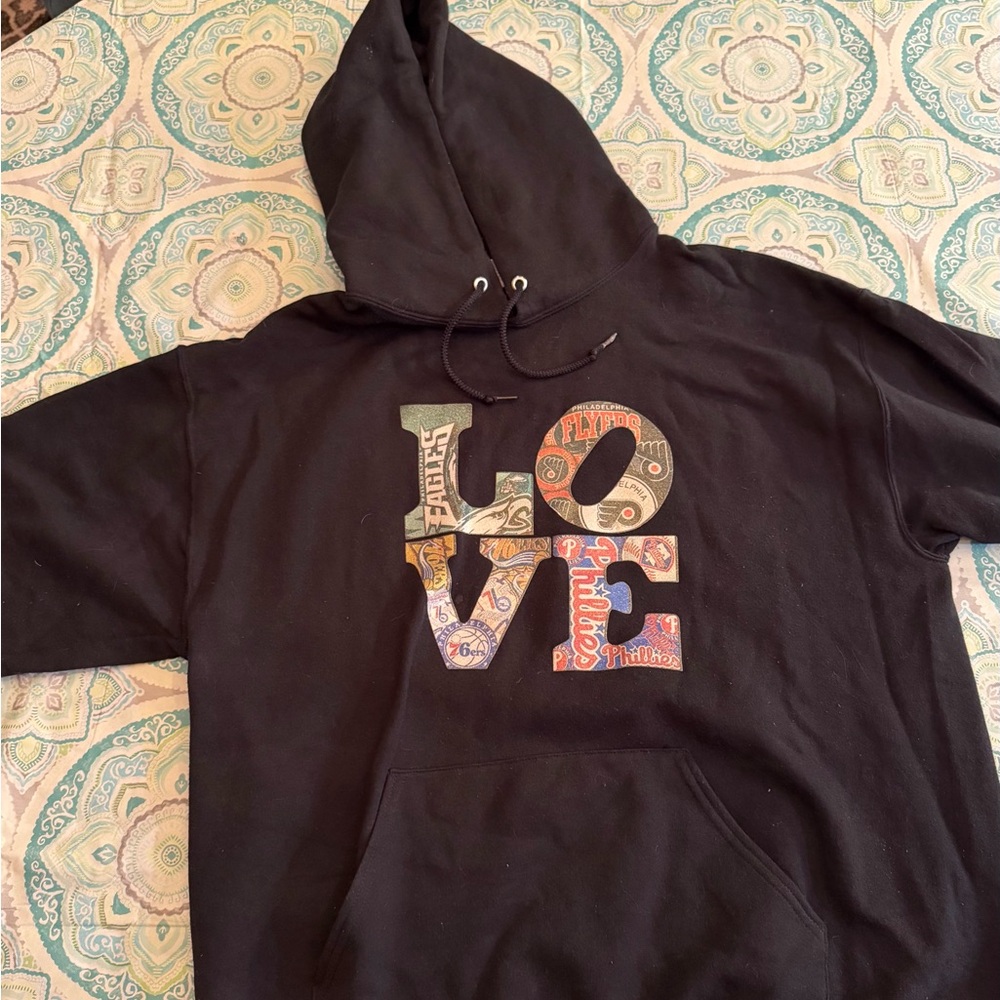 Black Hoodie with Colorful 'LOVE' Graphic- LARGE